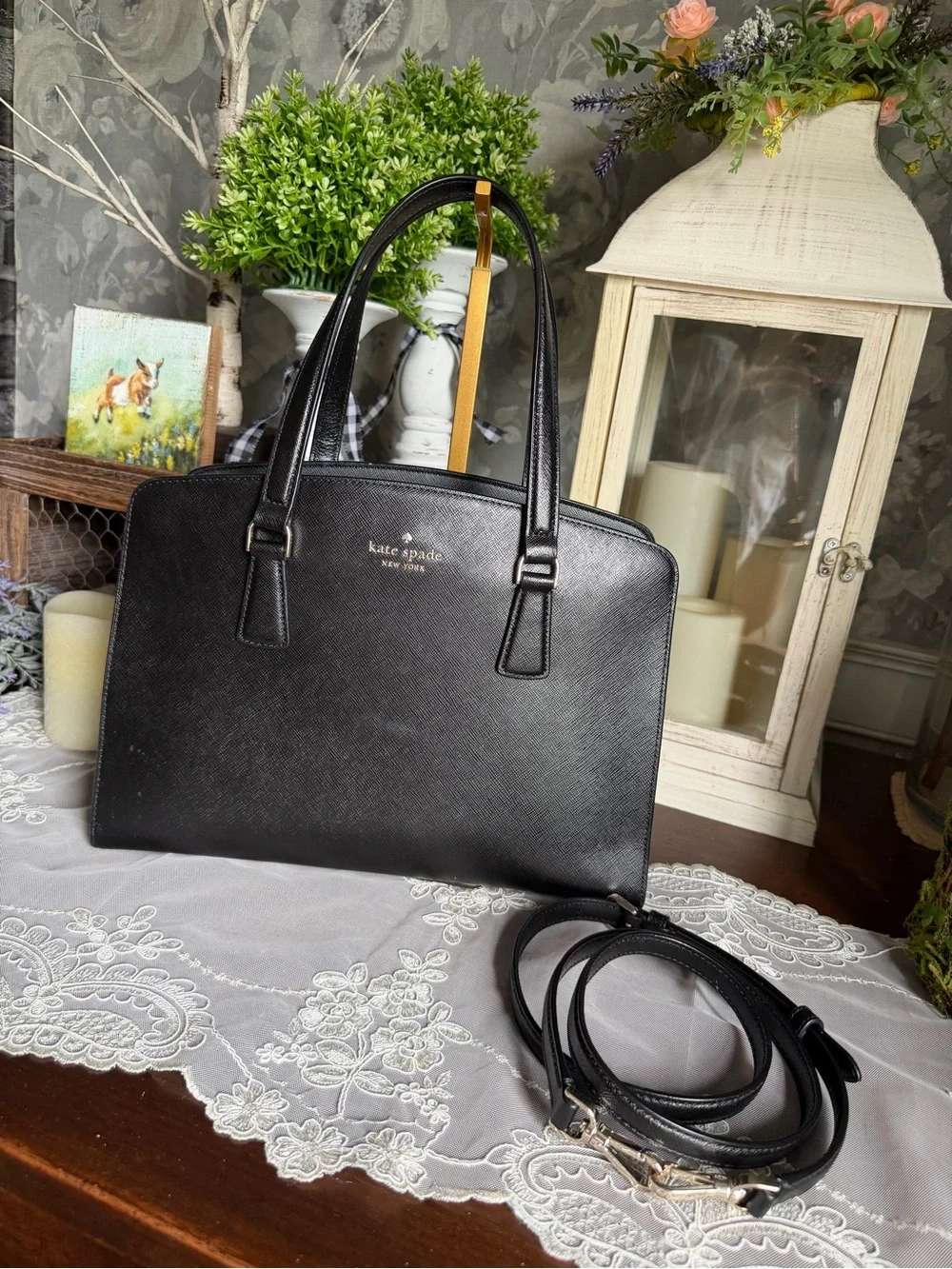 kate spade Black Perry Saffiano Leather Satchel with Detachable Strap